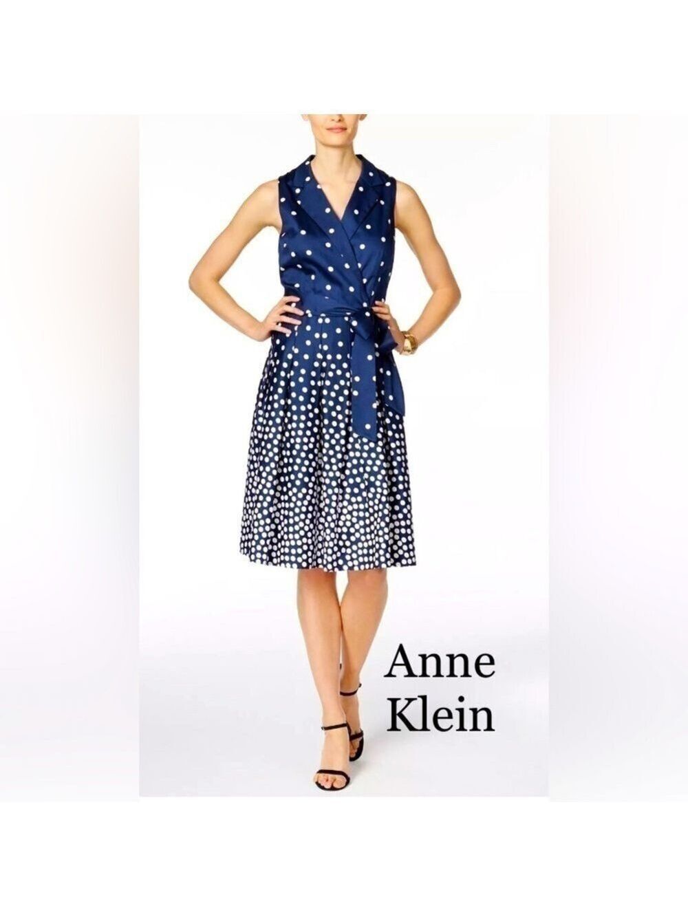 Anne Klein Cadet Nautical Preppy Polka Dot Faux-Wrap Pleated Fit&Flare Dress W6